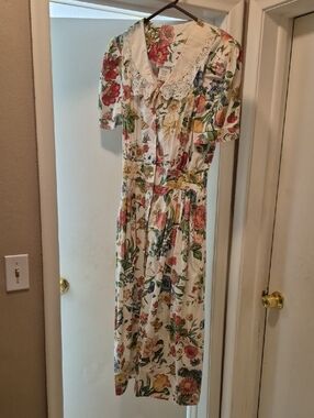 Floral Lace-Collar Women's Midi Dress - White with Multi Floral